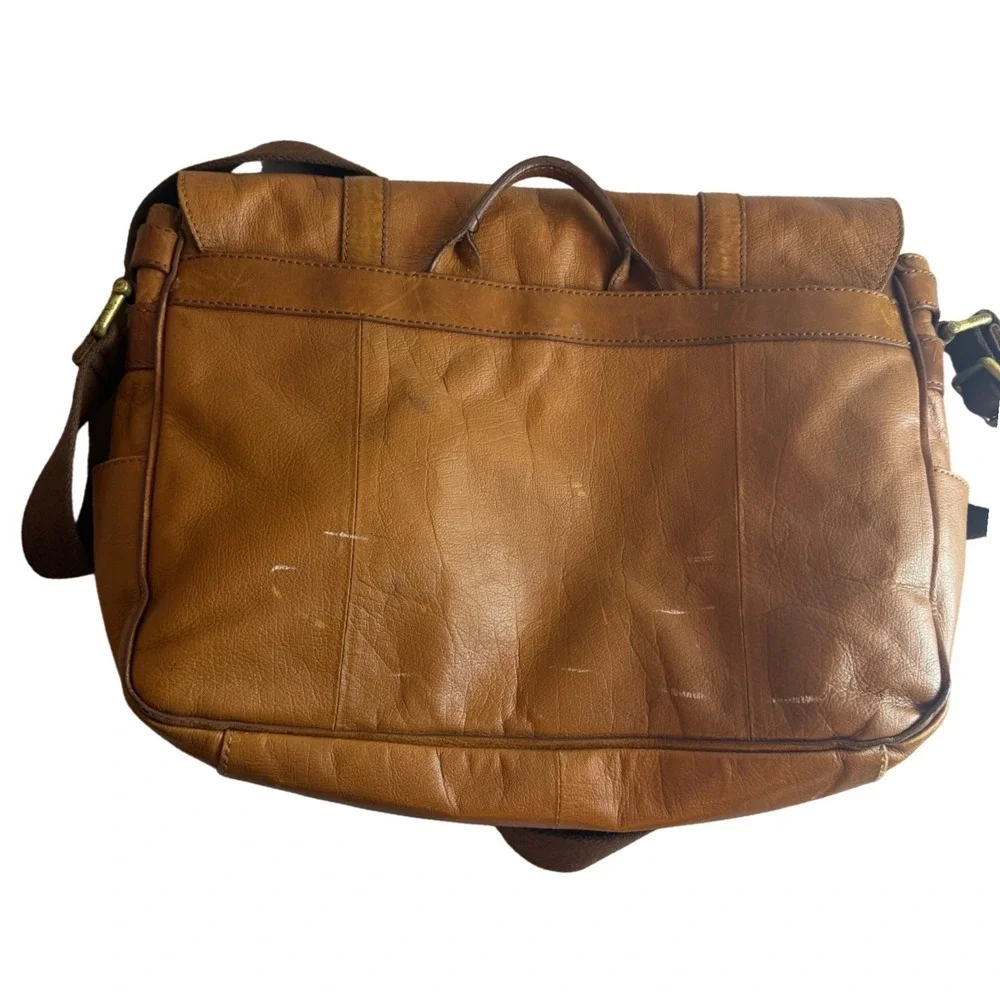 Fossil Tan Leather Messenger Bag Adjustable Crossbody Satchel Brass Hardware